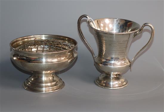 A George V silver two handled trophy cup, London, 1911 and a later silver presentation rose bowl, 20 oz.